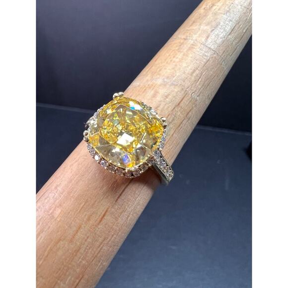 Yellow CZ halo ring in gold over sterling silver size 9 - Picture 13 of 16
